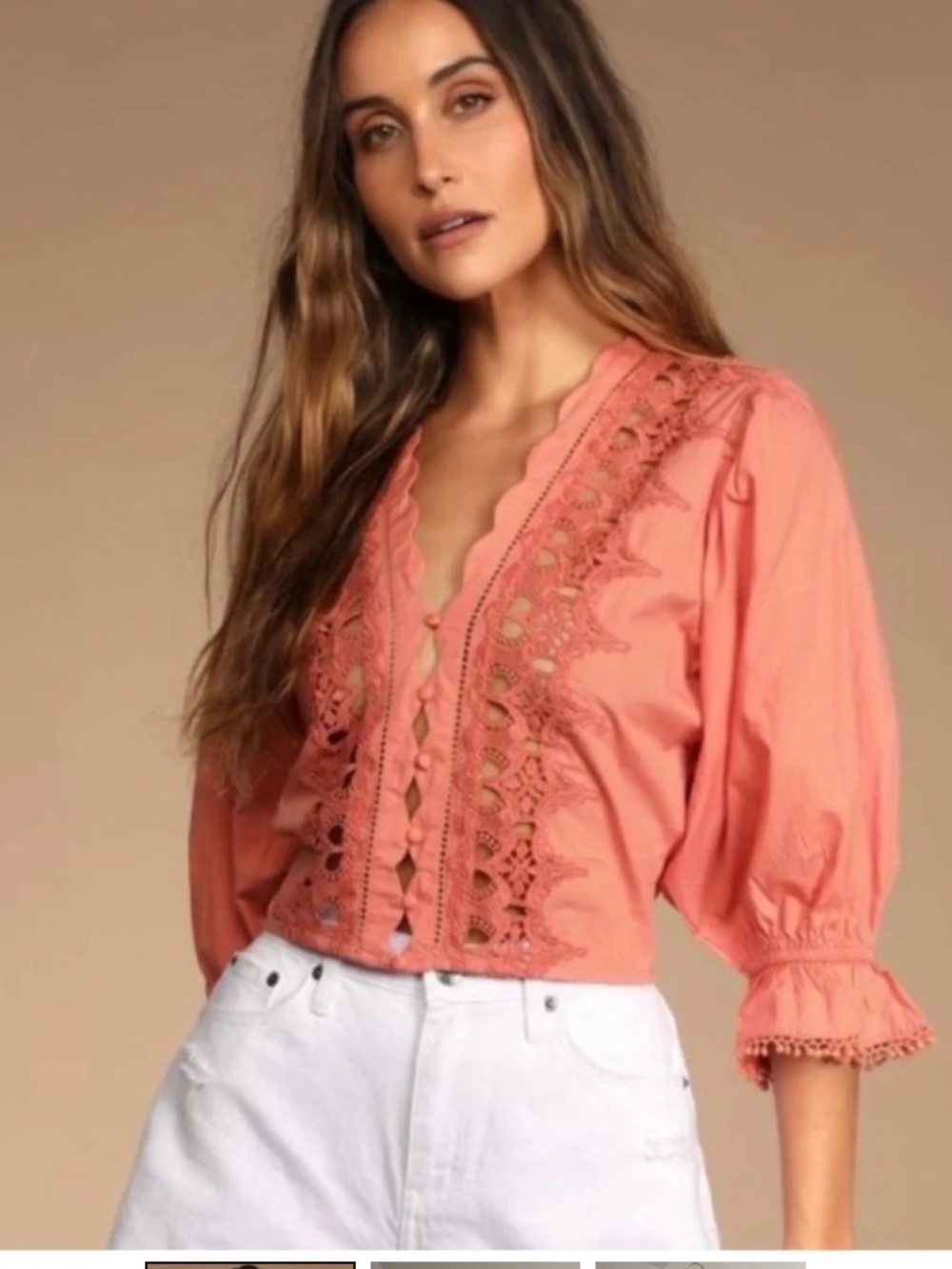 Free People Peach Lace Puff SFree People Peach Lace Puff Sleeve Button Up Blouse